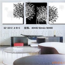 批发供应三拼组合现代装饰画批发发财树黑白组合无框画