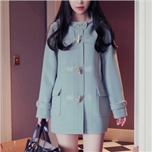 2013冬季韩版新款品牌女装中长款连帽牛角扣毛呢子大衣外套批发