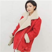 韩国新款女士PU机车皮衣夹克羊羔绒大翻领毛领外套批发