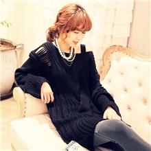 秋冬韩国时尚新款女式破洞宽松休闲中长款圆领长袖毛衣针织连衣裙