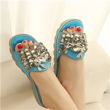 ishoes6全真皮玻璃水钻玉兔彩色泡沫组合波浪牛筋厚平底女拖鞋