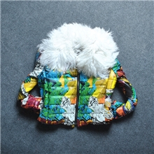 壁虎欧洲站13新款加厚短款可拆卸毛领印花彩皮羽绒女棉衣微信代理