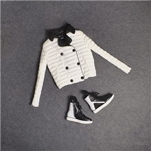 壁虎欧洲站13秋冬新款双排扣撞色鱼骨领拼皮超气质羽绒服淘宝代理