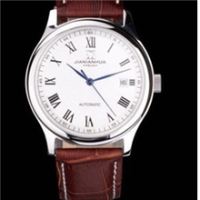 瑞士嘉年华新款棕皮带机械表时尚帅气男士时装表复古防水手表