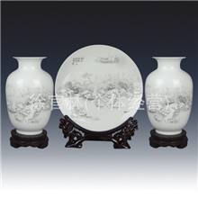 景德镇陶瓷三件套雪景图花瓶盘现代时尚家居工艺品摆件