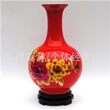 景德镇陶瓷花瓶中国红天然镶金麦秆画花瓶赏瓶家居陶瓷工艺品