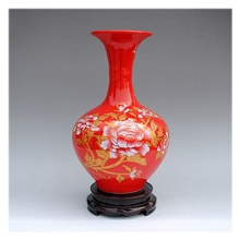 煜祺景德镇陶瓷喜庆中国红牡丹美人尖花瓶现代家居装饰摆设