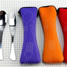 批发不锈钢餐具鱼尾勺叉筷骨头防水拉链式布袋便携式餐具3件套