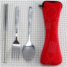 厂家批发低价骨头包便携不锈钢餐具勺叉筷3件套潜水防水布袋套装