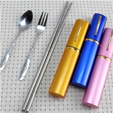 厂家直销批发2013年新款印字LOGO笔筒式不锈钢餐具匙叉筷3件套
