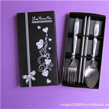 结婚用品黑桃心礼盒三件套大高级仙鹤喷砂勺叉筷不锈钢餐具
