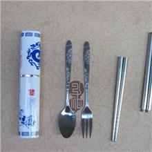 最低价格厂家直销中国风青花瓷系列便携不锈钢餐具3件套笔筒套装
