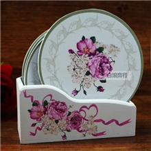 欧式田园牡丹复古原木木质杯垫套装环保杯子垫隔热垫批发