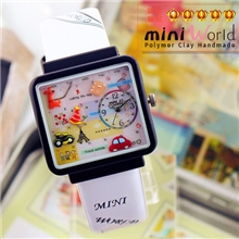 韩国软陶mini手表女士手表品牌pu皮质手表方形日历卡通手表