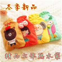 冬季新款卡通绒面注水热水袋刺绣立体高密度PVC暖手宝保暖袋