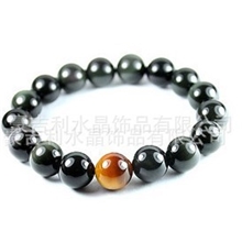 批发天然10MM黑曜石加黄虎眼石手链黑曜石手链量大面议
