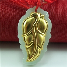银多多金镶玉缅甸A货999千金翡翠黄金叶子吊坠批发