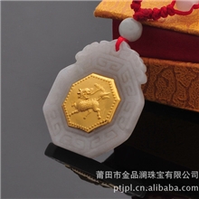 金品澜珠宝金镶玉八卦麒麟吊坠A货翡翠千足金玉镶金厂家直销