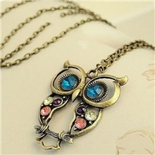 外贸韩国饰品批发长款彩钻镂空雕花猫头鹰项链复古毛衣链女