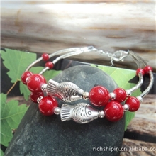 民族风饰品苗银手工饰品混批发双层红松石鱼儿藏式藏银手链SL098