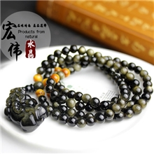 开光天然金曜石貔貅手链黄虎眼108佛珠男士黑曜石手链吸金招财