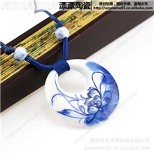 漂漂陶瓷圆形荷花图波西米亚毛衣链项链长款青花瓷景德镇