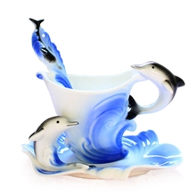 厂家直销陶瓷珐琅瓷创意礼品新年情人节礼物海豚杯咖啡水杯批发