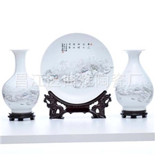 景德镇陶瓷工艺品陶瓷装饰盘陶瓷花瓶三件套雪景花瓶