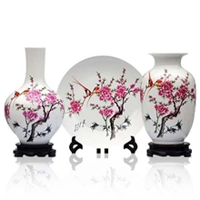 景德镇陶瓷工艺品陶瓷装饰盘陶瓷花瓶三件套水点桃花