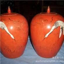 景德镇仿古瓷器大量批发【珊瑚红描金松鹤延年东瓜罐】