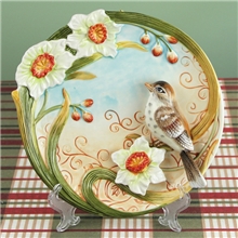 陶瓷工艺品方亚3D挂盘水仙花鸟出口欧美手绘陶瓷2702Y