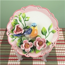 陶瓷工艺品方亚花香鸟语蓝鸟与玫瑰花3D挂盘立体彩绘陶瓷1501U