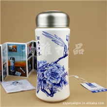 厂家直销青花瓷保温杯骨瓷保温杯定制双层保温杯礼品