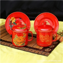 骨瓷红瓷中国红诗词牡丹对杯带碟高档商务办公杯子结婚婚庆礼品