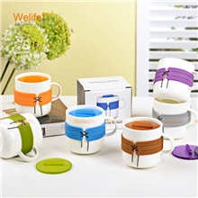 微点子创意简约安奇杯子陶瓷杯马克杯水杯带塑料盖牛奶杯早餐杯