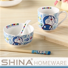 供应最新款可爱多啦A梦陶瓷餐具4件套装卡通碗筷杯子勺子