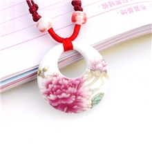 景德镇陶瓷饰品女款圆形【牡丹盛开】首饰批发项链吊坠