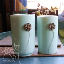 景德镇手工陶瓷礼品杯定制手工捏花雏菊青釉水杯情侣对杯花茶杯