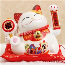 混批,潮州陶瓷9寸招财锣鼓摇手招手招财猫批发陶瓷工艺摆件礼品