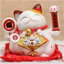 混批,潮州陶瓷9寸五福宝扇招财锣鼓摇手招手招财猫批发工艺礼品