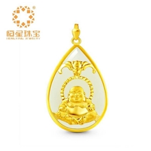 千足金999金镶玉和田玉佛佑平安吊坠分销深圳恒星珠宝