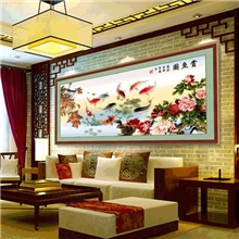 品牌精准印花客厅十字绣厂家批发赏鱼图合家富贵
