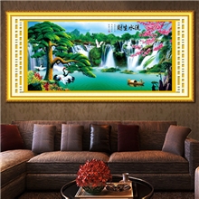 3D六维立体绣新款迎客松流水生财客厅风景大幅丽天世纪十字绣