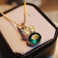 XL023韩国饰品批发韩版项链海绿色兔兔控满钻水晶兔子项链
