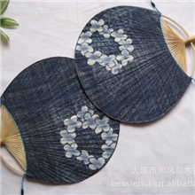 日单手工团扇和风布艺扇子日式扎染精品扇藏蓝底手绘绣球花