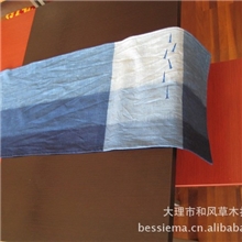 草木染竹节麻长茶垫日式桌旗桌芯和风茶席蓝色手绘小鱼游弋