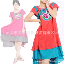 热卖！花颜月貌@夏新女装原创中国风不规则摆拼色撞色绣花连衣裙