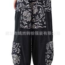 尘埃@中国民族风印花中式改良棉麻拼布休闲阔腿裤