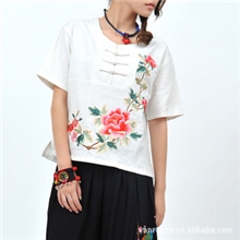 2011春夏@待月西厢短袖@中式棉麻民族风唐装圆领盘扣绣花短袖上衣