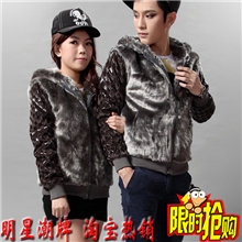 2013冬季新款韩版男士修身连帽短款棉衣菱格毛毛皮草外套男特价